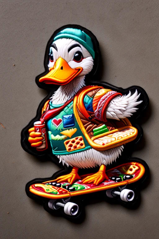 A Cinematic Action Sceen Of A Duck Riding A Skateboard While...