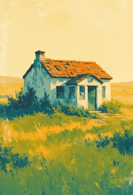 A Charming White Cottage With A Red Tile Roof Sits Isolated...
