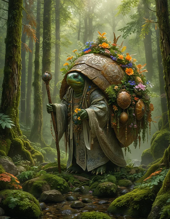 An Anthropomorphic Turtle With A Large Decorated Shell, Walk...