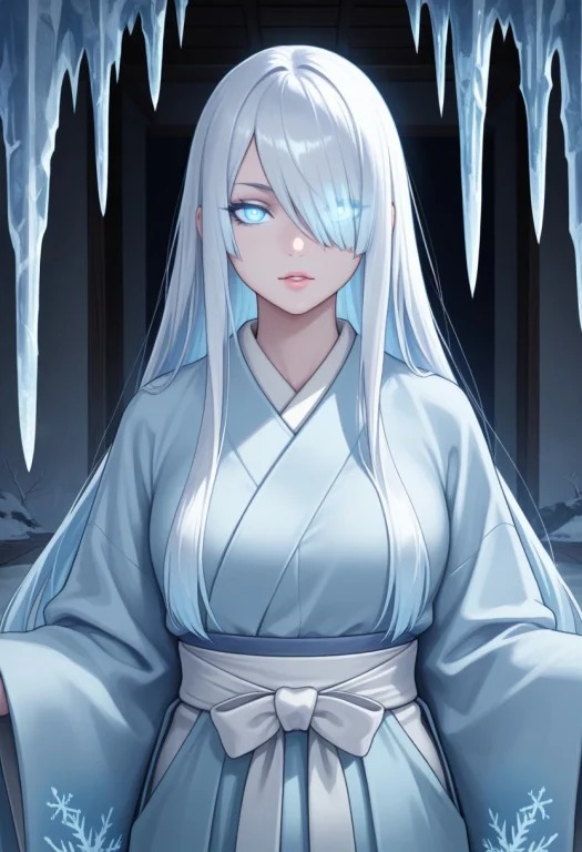 1girl, Yuki-onna, White Hair, Long Hair, Hair Combed Over Ri...