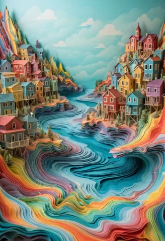 3d Frame, Seascape Ghost Town, Multi-colored Volumetric Fog... — SDXL AI Prompt: (3d Frame, seascape) ghost town, multi-colored volumetric fog made of crazy marb...