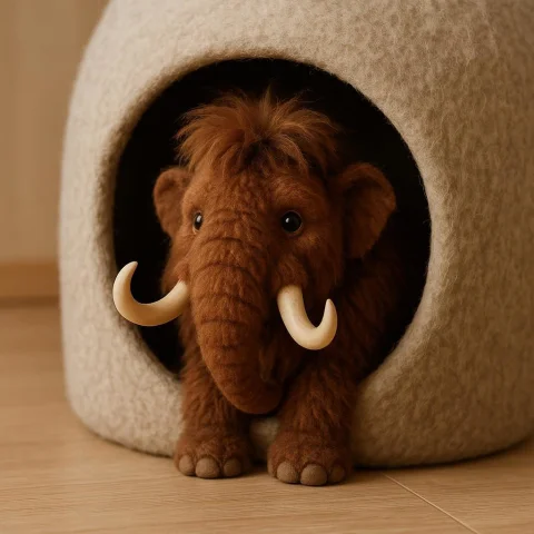 A Small Furry Mammoth Pet Looks Out From A Cat House — Stable Diffusion AI Prompt: A small furry mammoth pet looks out from a cat house