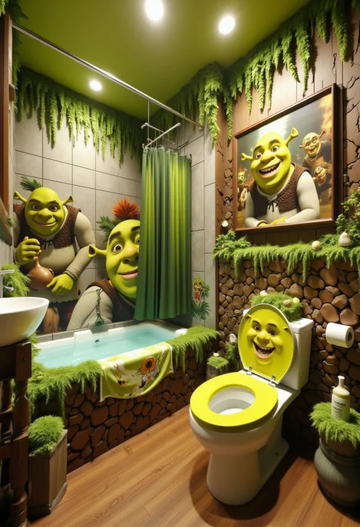 Photograph Of A Swampshrek Themed Bathroom, With Green And B...