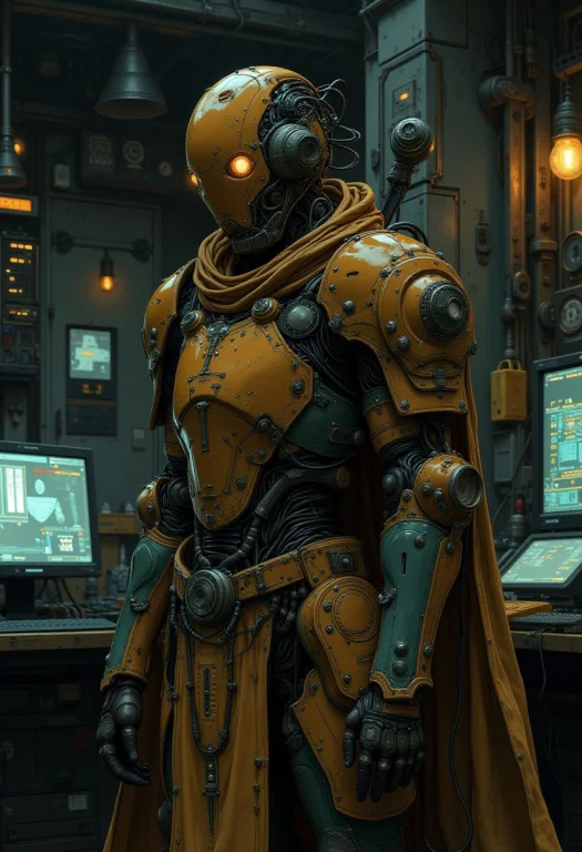A Stylised Robot In Armour With A Cloak Stands In A Dark Roo...