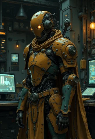 A Stylised Robot In Armour With A Cloak Stands In A Dark Roo... — FLUX AI Prompt: A stylised robot in armour with a cloak stands in a dark room an and looks at th...