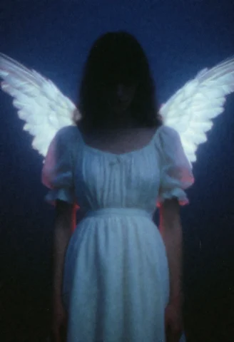 Melancholic Angel Dress Woman Silhouette — Stable Diffusion AI Prompt: dark_dreamcore_style, A melancholic silhouetted woman with angel wings and weari...
