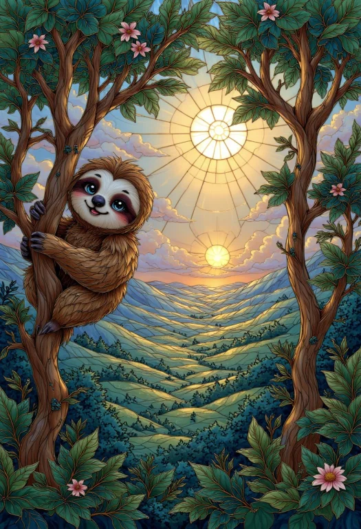 P1nk1est41n3dgl4ss, Stained Glass, A Close-up Fo A Sloth Han...