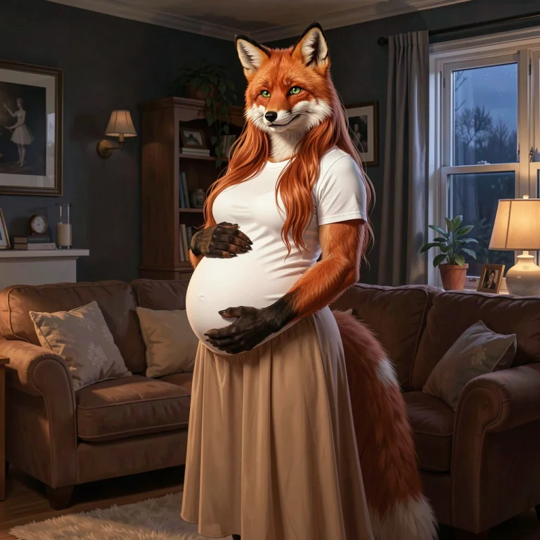 Furry Art Heavily Pregnant Fox, Posing Dark Cozy Living Room...