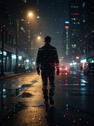 A Lone Man Walking Through An Empty City At Night, Seen From... — Stable Diffusion AI Prompt: a lone man walking through an empty city at night, seen from behind, distant str...