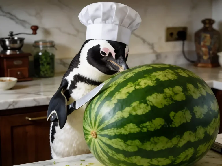Penguin Wearing Chef Hat Holding Knife Next To Watermelon In...