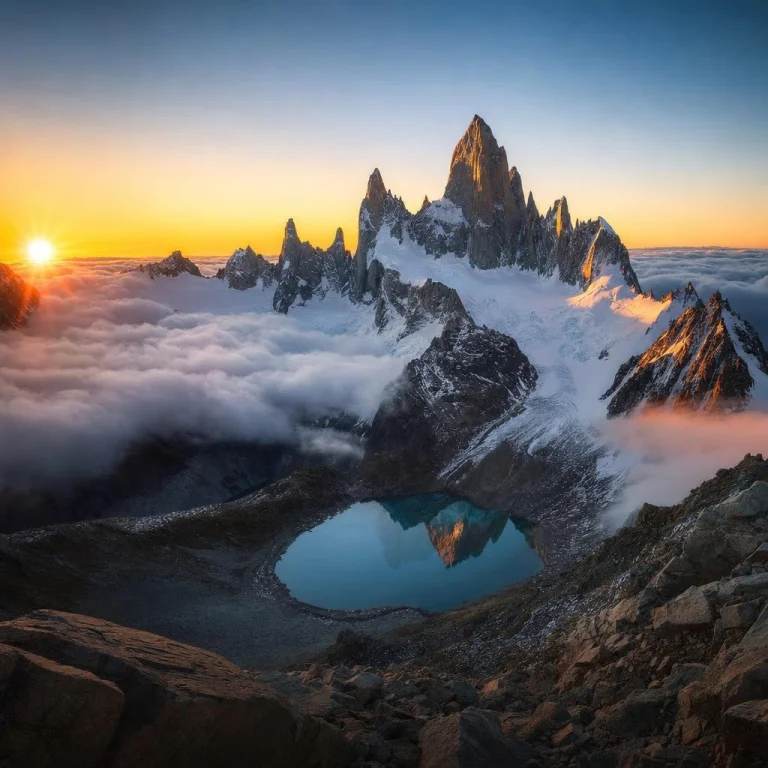 Dramatic Mountain Landscape At Sunrise, Jagged Snow-capped P...