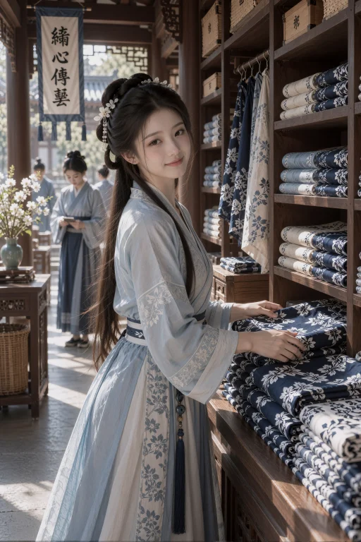 布匹铺的长柜台后，一名年轻中国女子站着接待客人，身体侧向货架...