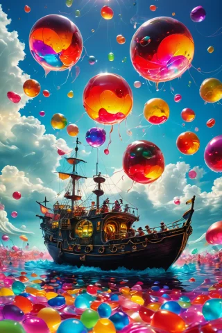 Pirates Sailing Through A Sky Filled With Giant Floating Jel... — SDXL AI Prompt: Pirates sailing through a sky filled with giant floating jelly beans and disco b...