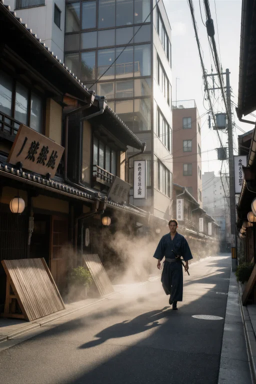 A Cinematic Photograph, Wide Shot, The Ronin Man Walking Thr...