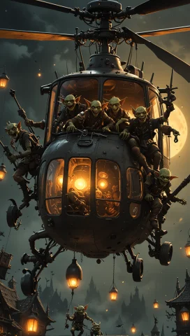 Steampunk Goblins Flying An Helicopter, Goblin Helicopter, L... — SDXL AI Prompt: Steampunk Goblins Flying an Helicopter, Goblin Helicopter, laughing, infused wit...