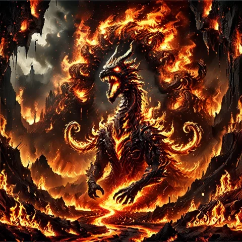 Score9, Score8up, Score7up, Sourceanime, Flame Style, A Giga... — SDXL AI Prompt: score_9, score_8_up, score_7_up, source_anime, flame style, a gigantic terrifyin...