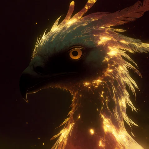A Close View Of A Phoenixs Head In Profile, Its Eye Open And... — Stable Diffusion AI Prompt: A close view of a phoenix's head in profile, its eye open and its crest of feath...