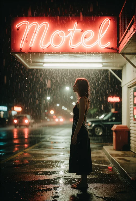 A Moody Rainy Night Shot Beneath A Motel Awning, A Glowing N...