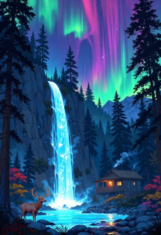 A Magnificent Waterfall Of Glowing, Liquid Light Cascades Fr... — FLUX AI Prompt: A magnificent waterfall of glowing, liquid light cascades from a towering cliffs...