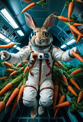 Rabbit In A Spacesuit, Floating In A Zero-gravity Room Fille... — SDXL AI Prompt: Rabbit in a spacesuit, floating in a zero-gravity room filled with floating carr...