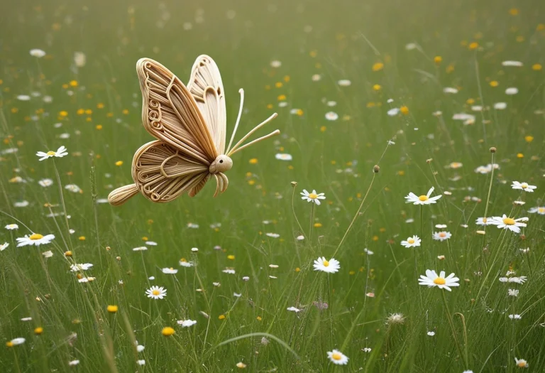A Straw Butterfly Flying Through A Flowery Meadow