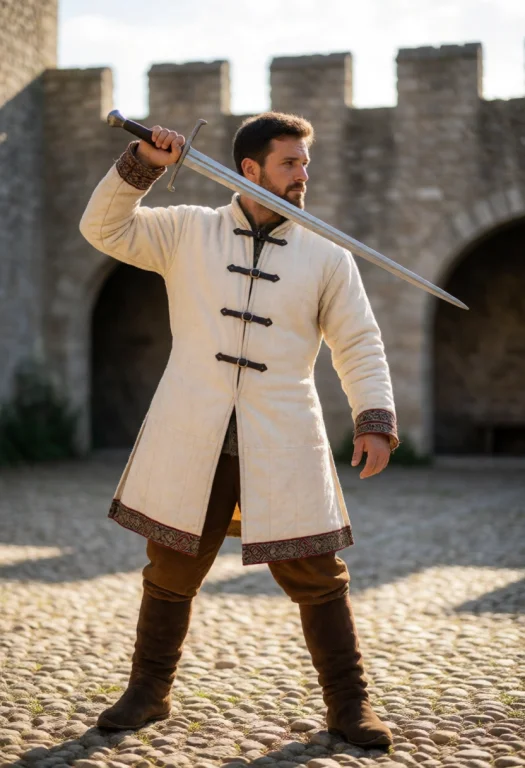A Swordsman In A Gambeson With Buckled Front Closure, Drawin...