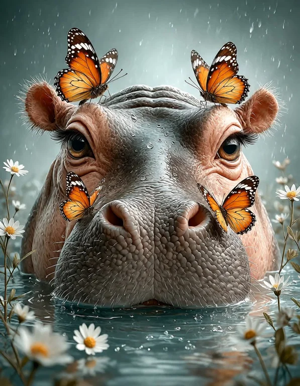 Digital Artwork Depicting A Close-up Of A Hippos Head Emergi...