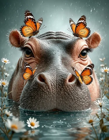 Digital Artwork Depicting A Close-up Of A Hippos Head Emergi... — Stable Diffusion AI Prompt: Digital artwork depicting a close-up of a hippo's head emerging from a calm, ref...