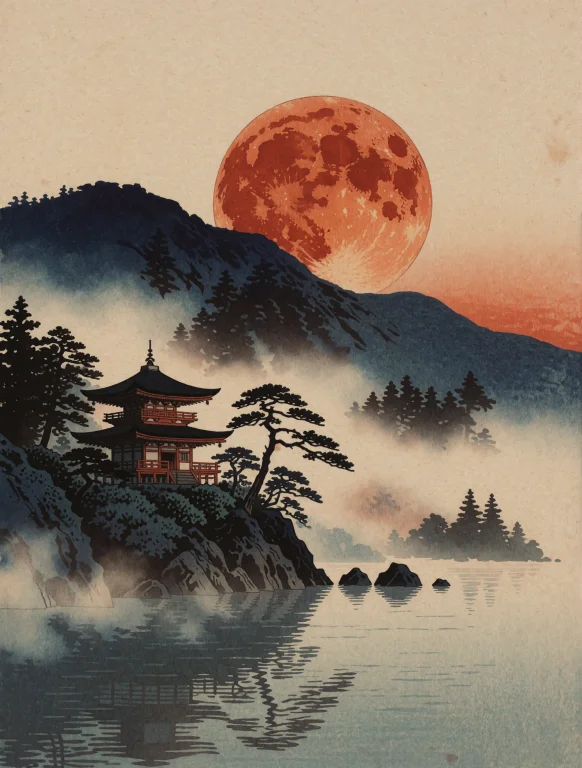 A Huge Blood-orange Harvest Moon Low Over A Misty Mountain L...