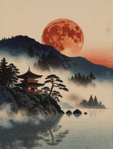 A Huge Blood-orange Harvest Moon Low Over A Misty Mountain L... — Stable Diffusion AI Prompt: A huge blood-orange harvest moon low over a misty mountain lake, a small tiered...