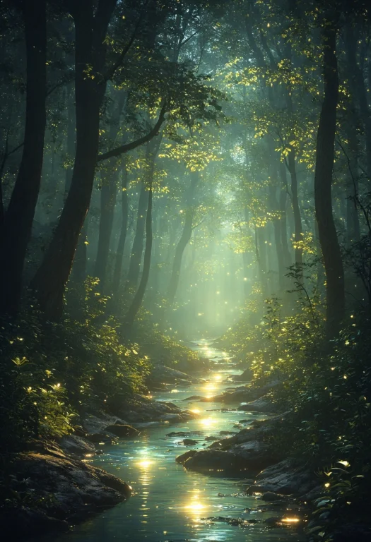 Forest, Stream, Night, Glowing Style, Ethereal Luminosity, F...