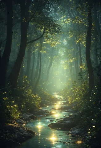 Forest, Stream, Night, Glowing Style, Ethereal Luminosity, F... — Stable Diffusion AI Prompt: forest, stream, night, glowing style, ethereal luminosity, floating spectral eff...