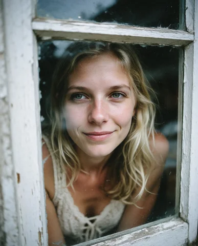 A 20yo Woman At The Window, Smiling Subtly, Looking Away Thr... — Stable Diffusion AI Prompt: a 20yo woman at the window, smiling subtly, looking away through the window,