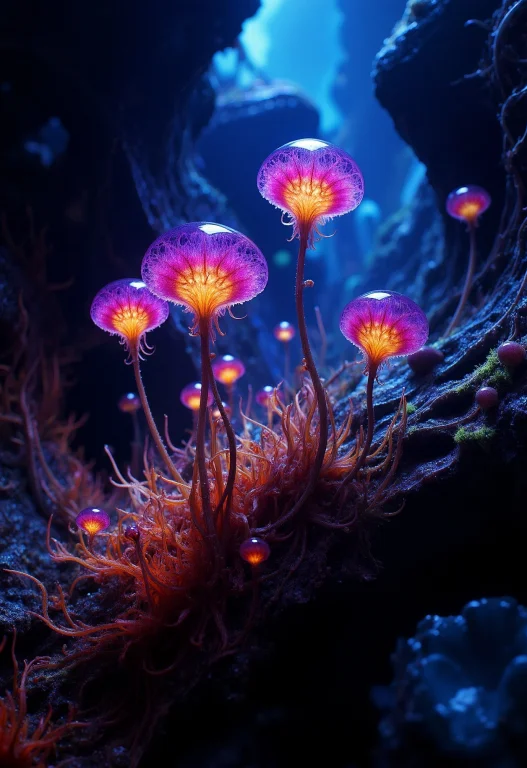 Alientsplants Mushrooms Glowing Under Water, Deep Sea Photog...
