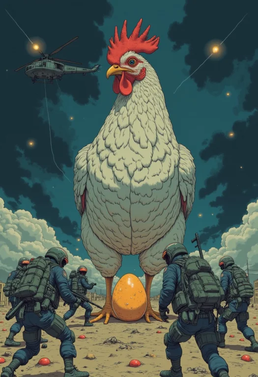 In A Surreal Nocturnal Setting, A Colossal Hen Towers Over A...