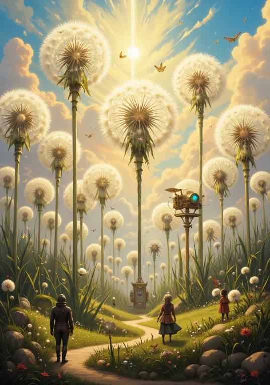 Colossal Crystalline Dandelions Tower Over A Miniature Steam...