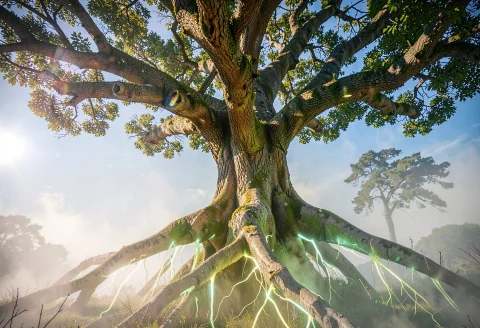 Ancient Tree Life Dreamy — Stable Diffusion AI Prompt: an ancient tree of life with luminous roots, harsh midday sun, dynamic compositi...