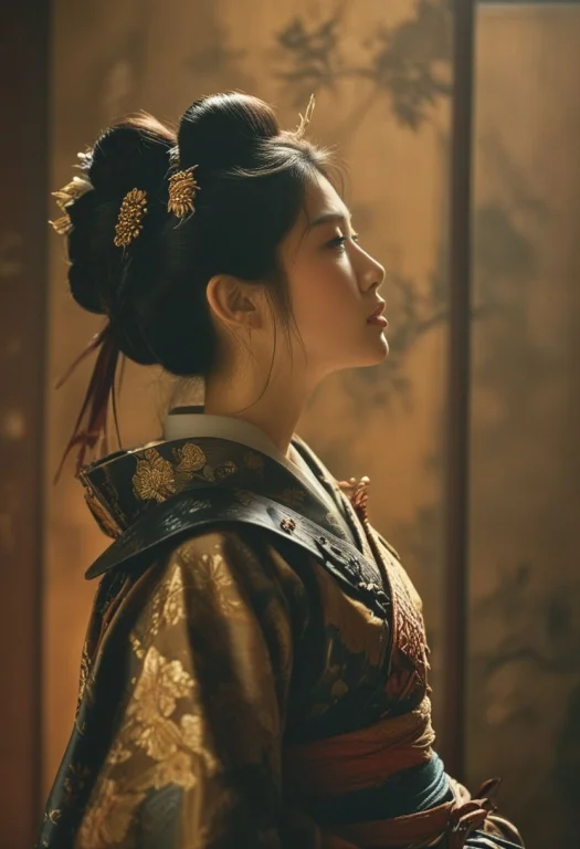 Medium Shot Of Japanese Samurai Geisha, Beautiful , Looking...