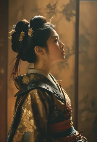 Medium Shot Of Japanese Samurai Geisha, Beautiful , Looking... — SDXL AI Prompt: medium shot of japanese samurai geisha, beautiful , looking up, leather armour,...
