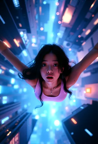 Photorealistic Photography Girl Floating In A Futuristic Vor... — FLUX AI Prompt: photorealistic photography girl floating in a futuristic vortex of cityscape ele...