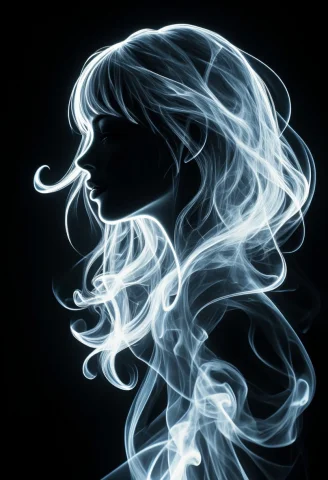 Silhouette Art, Magnificent. Ethereal Female Air Elemental,... — FLUX AI Prompt: Silhouette Art, magnificent. ethereal female air elemental, long hair, bangs, ma...