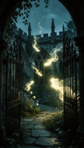 40. Gothic Courtyard Garden, Victorian Iron Gates, Floating... — Stable Diffusion AI Prompt: 40. Gothic courtyard garden, victorian iron gates, floating glowing wisps, dark...
