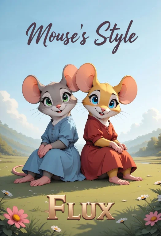 Two Cartoon Female Mice Sit Together On A Lush Meadow Bathed...