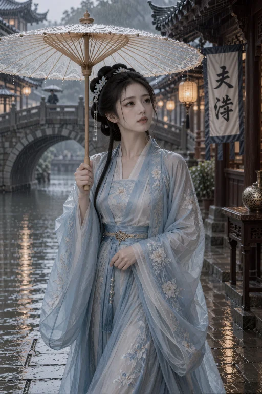 大雨中的街市石桥旁,一名年轻中国女子站在浅色油纸伞下,身体略...