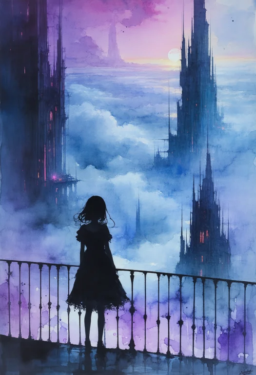 Watercolor Painting One Girl Silhouette Stands Poised On A B...