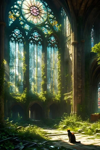 Masterpiece. Sunny Summer Day. Post-apocalyptic Ruins. A Sha... — SDXL AI Prompt: Masterpiece. Sunny summer day. Post-apocalyptic ruins. A shattered cathedral wit...