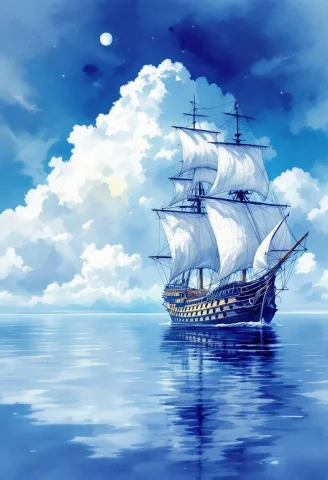 Watercolor On Wet, Sky, Clouds, Reflection, Sea And Bluish S... — FLUX AI Prompt: watercolor on wet, sky, clouds, reflection, sea and bluish ship with white The F...