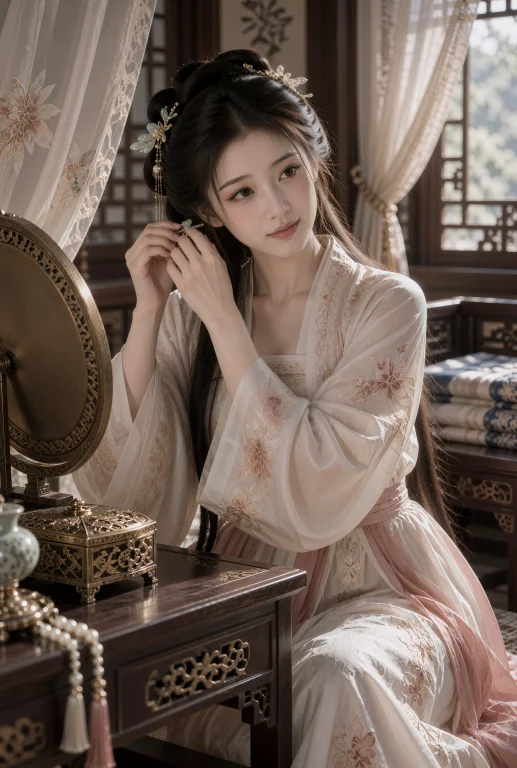 明代闺阁古装剧剧照,午后室内自然光,中近景。一名二十一岁左右...
