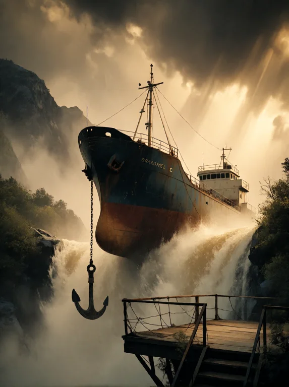 Bradhamel Art Style. A Colossal, Weathered Cargo Ship Perche...