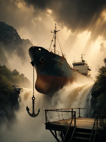 Bradhamel Art Style. A Colossal, Weathered Cargo Ship Perche... — Stable Diffusion AI Prompt: Bradhamel art style. A colossal, weathered cargo ship perched precariously atop...